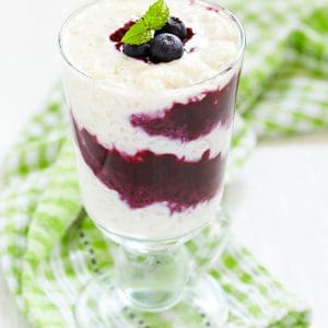 Vegan Rice Pudding with Blueberry Sauce