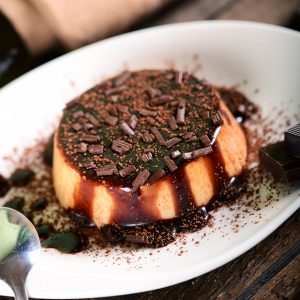 Peanut Panna Cotta with Chocolate Sauce